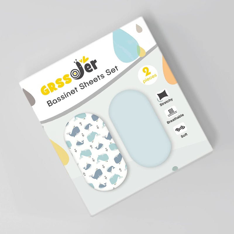 GRSSDER Stretchy Ultra Soft Fitted Bassinet Sheet Set 2 Pack, Universal Fit for Bassinets Baby Cradle Moses Basket Oval Rectangle Pad/Mattress, Lovely Whale Bassinet Sheets - Image 2
