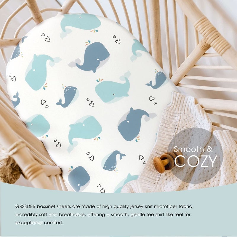 GRSSDER Stretchy Ultra Soft Fitted Bassinet Sheet Set 2 Pack, Universal Fit for Bassinets Baby Cradle Moses Basket Oval Rectangle Pad/Mattress, Lovely Whale Bassinet Sheets - Image 3