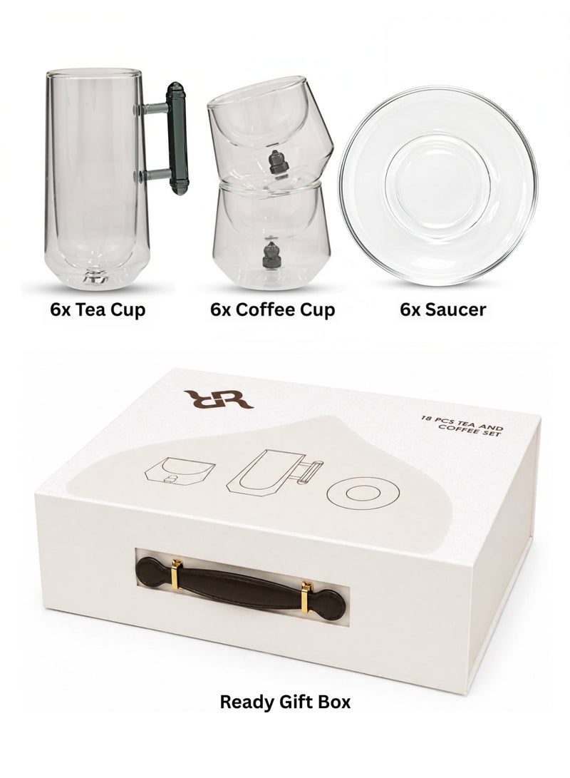18 Pieces Tea & Coffee Serving Set – Masjid-Inspired Double-Layer Glass with Accent Handle & Saucer - Image 1