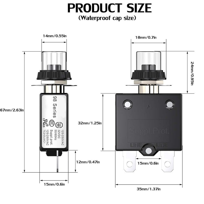 DIYhz Thermal Circuit Breaker,98 Series 35A 125/250VAC Circuit Breaker Push-Button Reset with Quick Connect Terminals and Waterproof Button Cover 32VDC Thermal Overload Circuit Breaker - 35 Amp, 2Pcs - Image 3