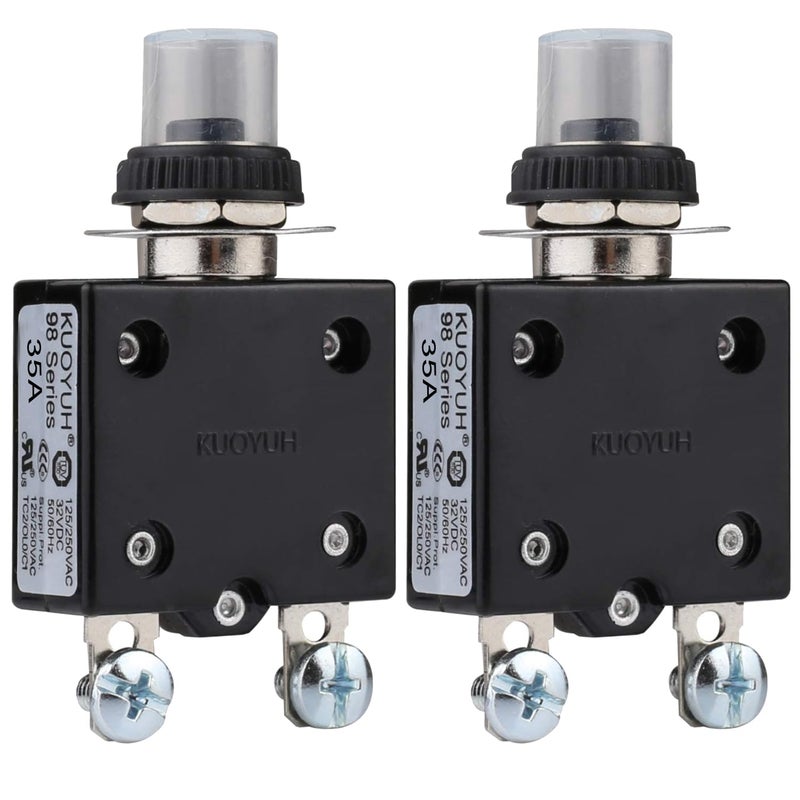 DIYhz Thermal Circuit Breaker,98 Series 35A 125/250VAC Circuit Breaker Push-Button Reset with Quick Connect Terminals and Waterproof Button Cover 32VDC Thermal Overload Circuit Breaker - 35 Amp, 2Pcs - Image 1