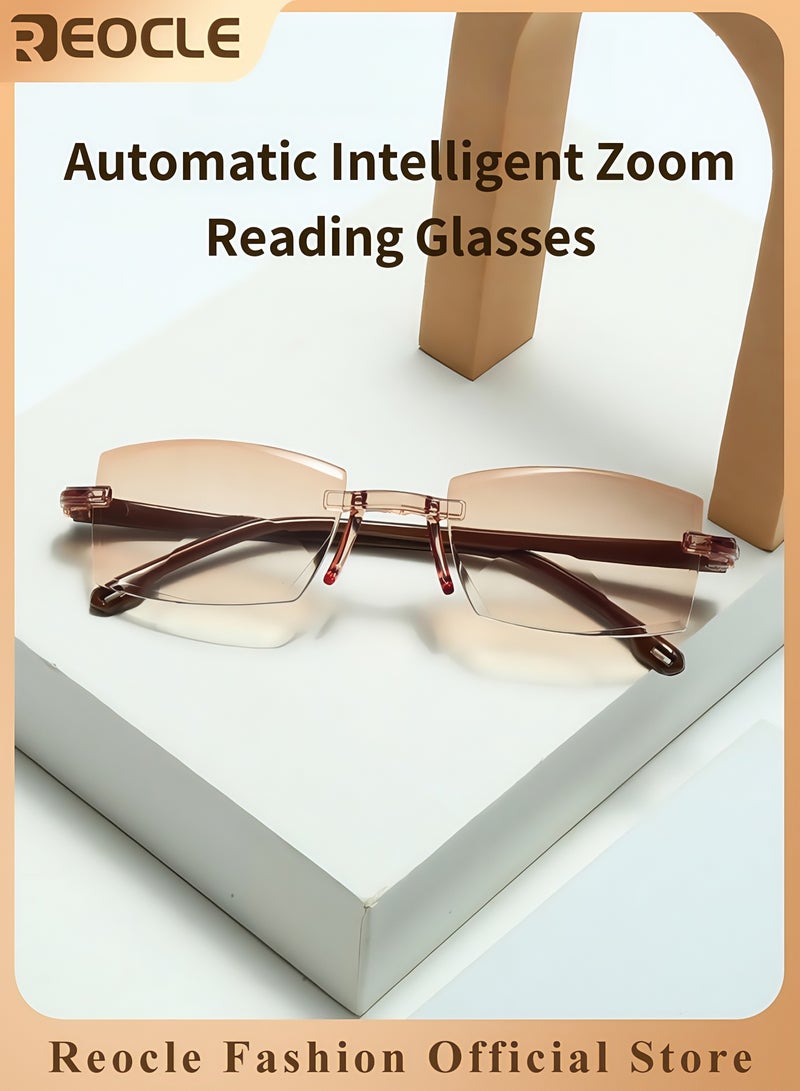 REOCLE Unisex Frameless Reading Glasses Lightweight Metal Glasses Blue Light Lenses Automatic Intelligent Zoom  - Image 1