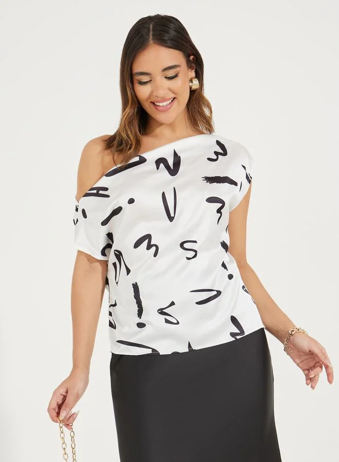 Take Two Asymmetric Neck Graphic Detail Top by Styli