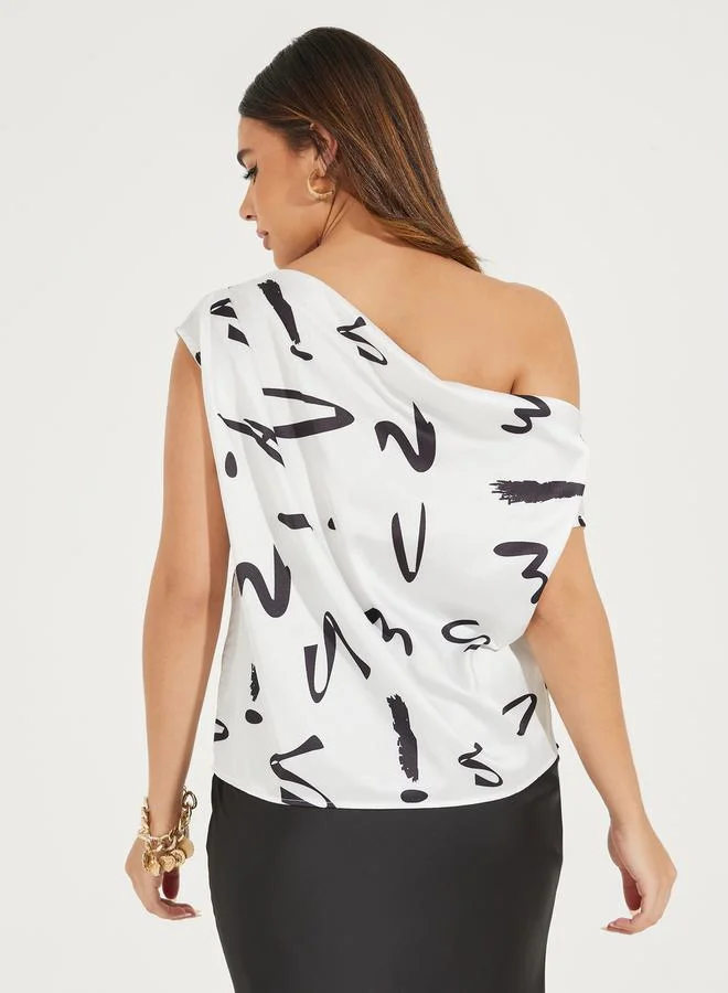 Take Two Asymmetric Neck Graphic Detail Top by Styli
