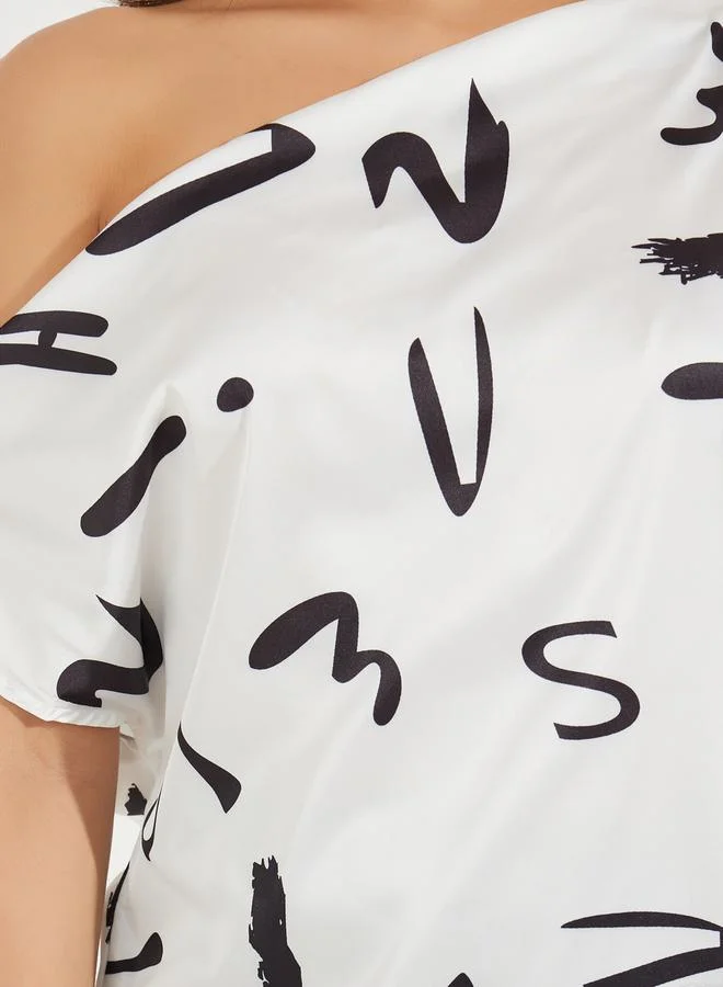 Take Two Asymmetric Neck Graphic Detail Top by Styli