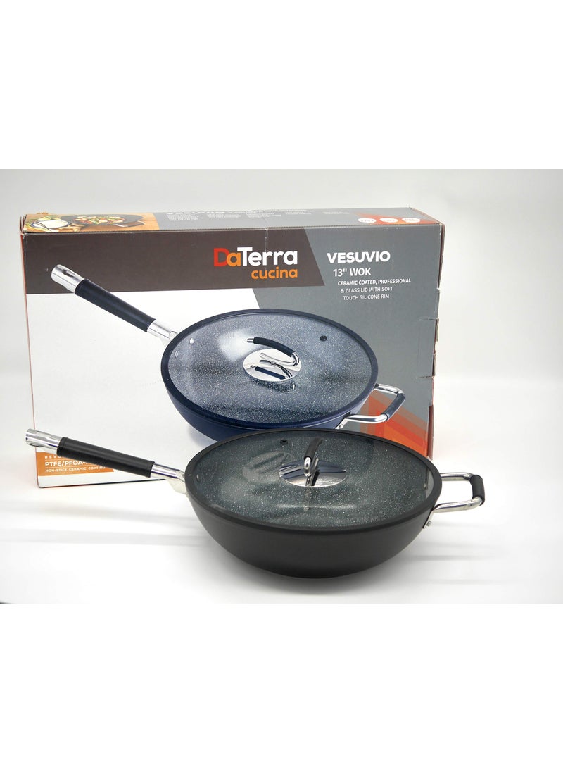 DaTerra Cucina DaTerra Cucina  13 Nonstick Ceramic Wok with Lid  Made in Italy  High Heat Resistant Nonstick Cookware  Oven Safe PTFE Cadmium Lead  PFOA free  Volcanic Black Speckled 