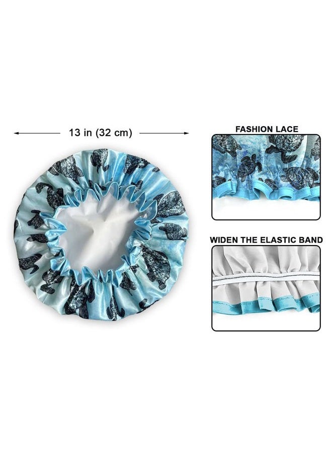 WIRESTER Elastic Reusable Bathing Hair Cap, Waterproof Shower Cap, Fashion Bath Cap for Women Girls - Blue Ocean Sea Turtles - Image 2