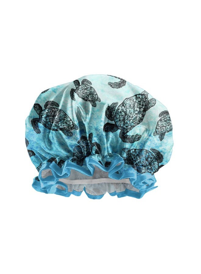 WIRESTER Elastic Reusable Bathing Hair Cap, Waterproof Shower Cap, Fashion Bath Cap for Women Girls - Blue Ocean Sea Turtles - Image 1