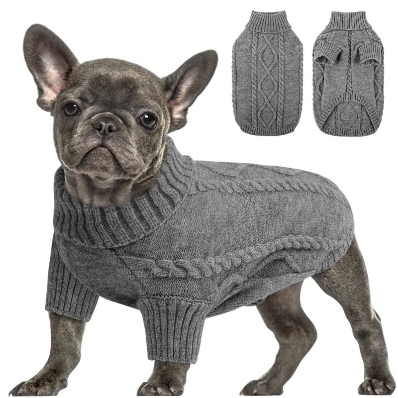 Queenmore Small Dog Pullover Sweater, Cold Weather Cable Knitwear, Classic Turtleneck Thick Warm Clothes for Chihuahua, Bulldog, Dachshund, Pug (Slate Grey, Medium) - Image 1