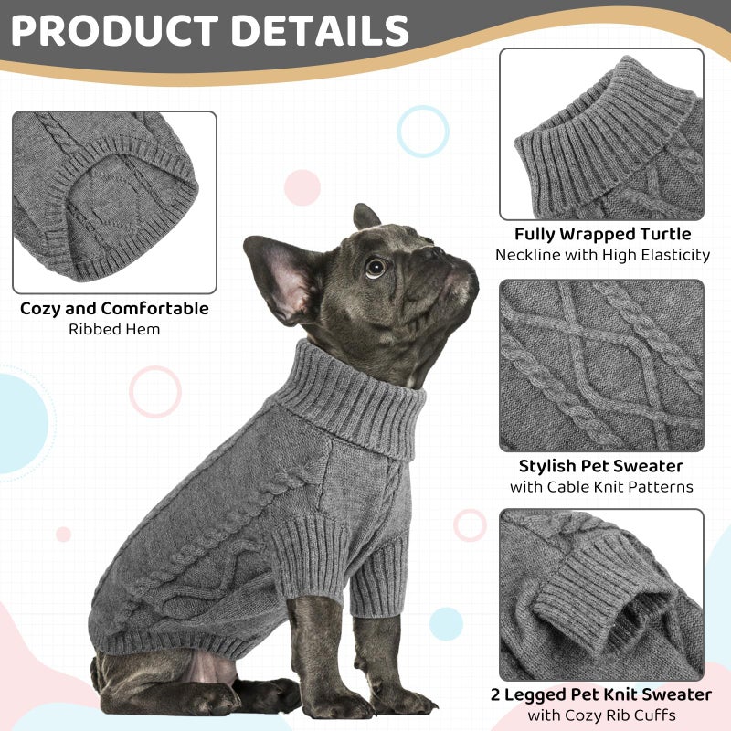 Queenmore Small Dog Pullover Sweater, Cold Weather Cable Knitwear, Classic Turtleneck Thick Warm Clothes for Chihuahua, Bulldog, Dachshund, Pug (Slate Grey, Medium) - Image 3