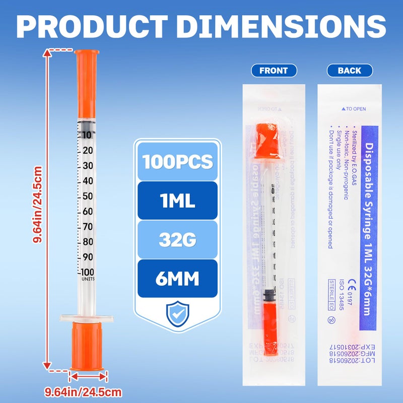 Dadiiau 100 Pack 1ml 32Gx6mm Plastic Measuring Tube with Cap, Individually Sealed - Image 2