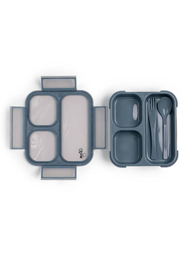سترون Lunchbox with Fork and Spoon - Dusty Blue - Durable Leakproof Bento Box with 3 Compartments - BPA-Free, Microwave & Dishwasher Safe - Includes Cutlery - Ideal for Kids & Adults