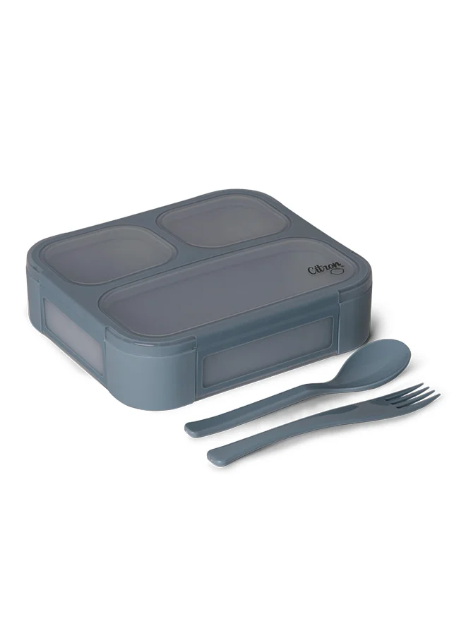 سترون Lunchbox with Fork and Spoon - Dusty Blue - Durable Leakproof Bento Box with 3 Compartments - BPA-Free, Microwave & Dishwasher Safe - Includes Cutlery - Ideal for Kids & Adults