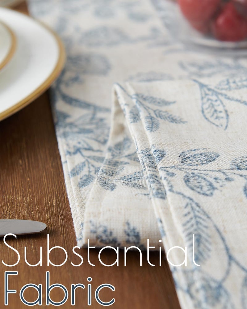 jinchan Spring Table Runner Linen Farmhouse Table Cloth Blue Floral Decorative Table Runners 72 Inch Botanic Printed Burlap Handcrafted Flax Coffee Table Decor 1 Panel Blue on Beige - Image 3