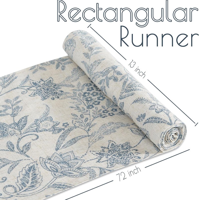 jinchan Spring Table Runner Linen Farmhouse Table Cloth Blue Floral Decorative Table Runners 72 Inch Botanic Printed Burlap Handcrafted Flax Coffee Table Decor 1 Panel Blue on Beige - Image 5
