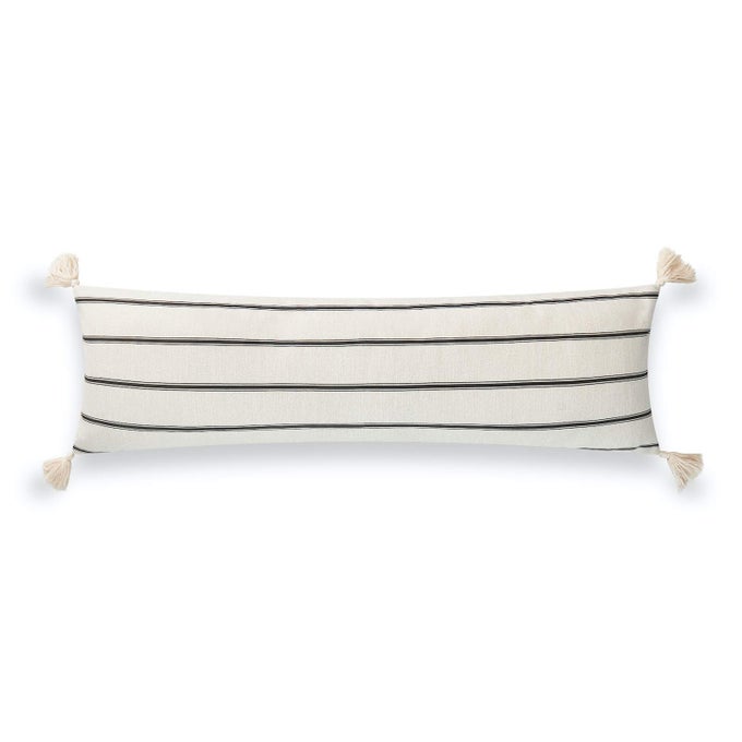 MODERN BOHO MOROCCAN INDOOR OUTDOOR BODY LUMBAR PILLOW COVER ONLY FOR BED BACKYARD COUCH SOFA BLACK WHITE STRIPE TASSELS 12X40