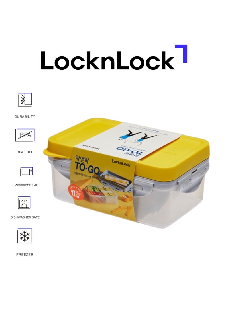 LOCK & LOCK LocknLock To Go 3-in-1 Lunchbox (Yellow) - BPA-Free, Airtight Container with Cutlery for On-the-Go Meals  - Image 1