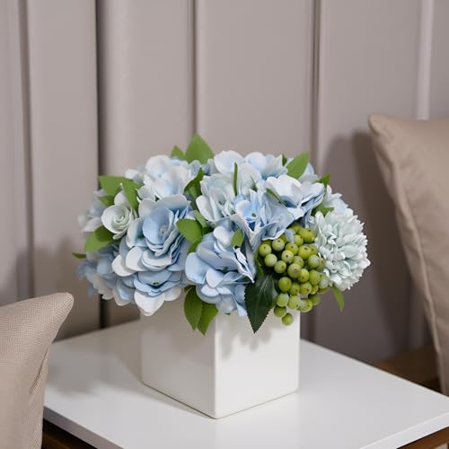 LADADA Fake Flowers in Ceramic Vase,Faux Hydrangea Flower Arrangements for Home Decor Artificial Flowers with Vase - Image 2