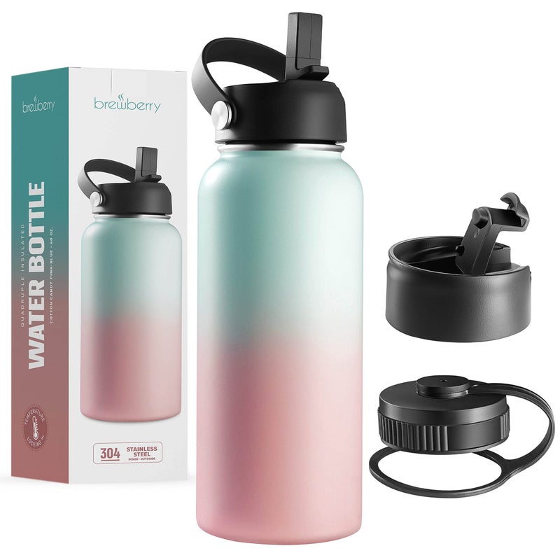 Brewberry Stainless Steel Insulated Water Bottle and Travel Mug for Hot and Cold Beverages Wide Mouth Double Wall Insulated Hydration Sports Water Bottle for Hiking Biking Outdoor 40 OZ BPA Free