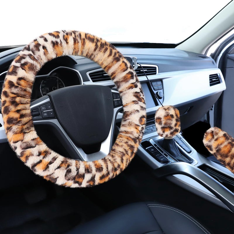 Accmor Fluffy Car Steering Wheel Cover Universal Fuzzy Wheel Cover 14 1215 Handbrake Cover Gear Shift Cover Set AntiSlip Leopard Warm Fur Vehicle Wheel Protector Car Accessories for Men Women - Image 2