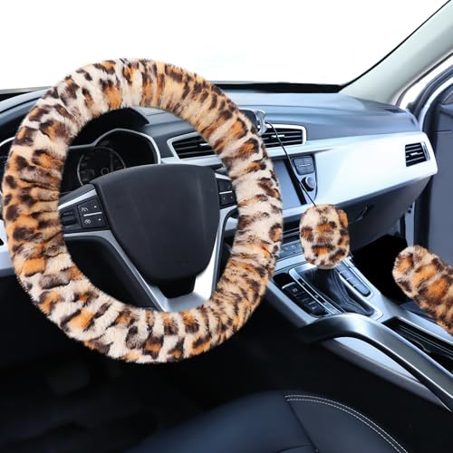 Accmor Fluffy Car Steering Wheel Cover Universal Fuzzy Wheel Cover 14 1215 Handbrake Cover Gear Shift Cover Set AntiSlip Leopard Warm Fur Vehicle Wheel Protector Car Accessories for Men Women - Image 1