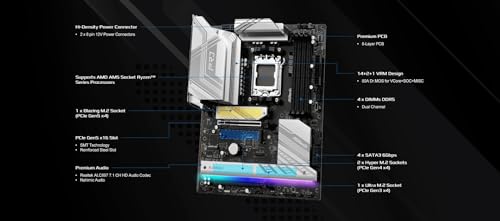 ASRock AMD AM5 B850 Pro RS Motherboard, AMD Ryzen 9000/8000/7000 Series, 4X DDR5 Slots up to 8000MHz, 24-Pin Power Connection, ATX, 21x USB Ports, PCIe 5.0 - Image 4