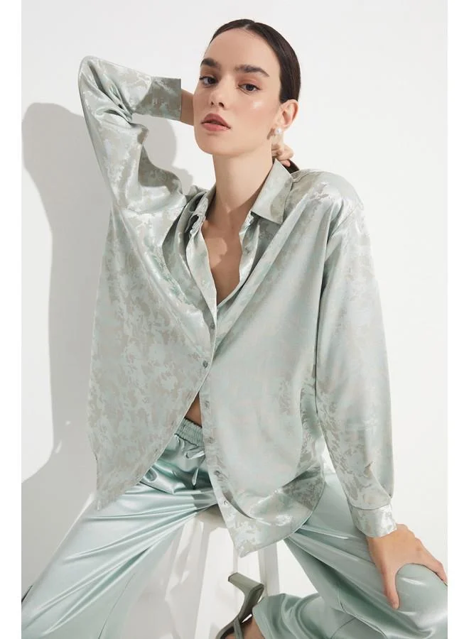 JUNE June Women Exclusive Boyfriend/Wide Fit Rayon Blend Self Patterned Shirt Mint