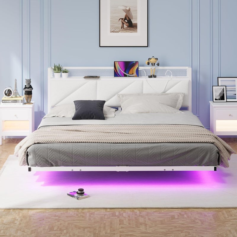 إطار سرير كينج عائم مع أضواء LED ومحطة شحن USB، إطار سرير كينج معدني منصة مقاس 150x200 سم مع لوح رأس مخملي تخزين مقاس 5 أقدام، شرائح معدنية متينة، خالٍ من الضوضاء، أبيض - Image 5