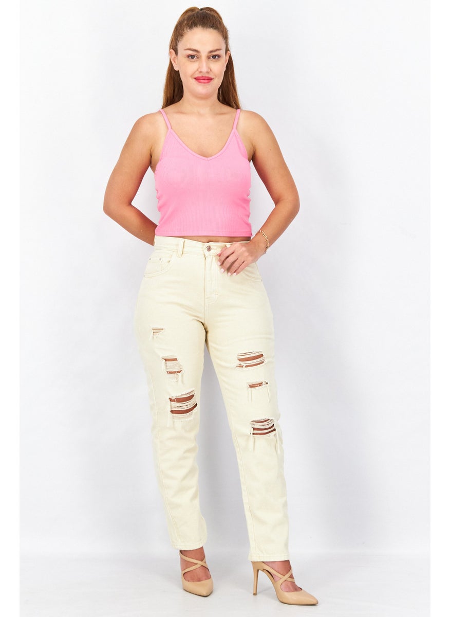 Don't Call Me Jennyfer - Women Mom Fit Rip Non Stretchable Jeans, Cream - Image 1