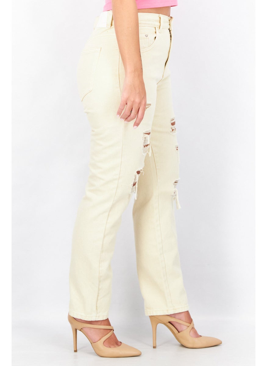 Don't Call Me Jennyfer - Women Mom Fit Rip Non Stretchable Jeans, Cream - Image 1