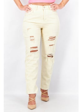 Women Mom Fit Rip Non Stretchable Jeans, Cream