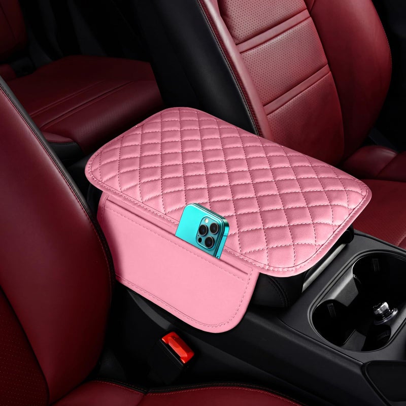 DSCARCovers Upgraded Car Center Console Cover Pink,Microfiber Leather Car Armrest Cover Cushion with 2 Storage Bags,Universal Car Armrest Storage Box Car Interior Accessories for Most Vehicles (Pink) - Image 1