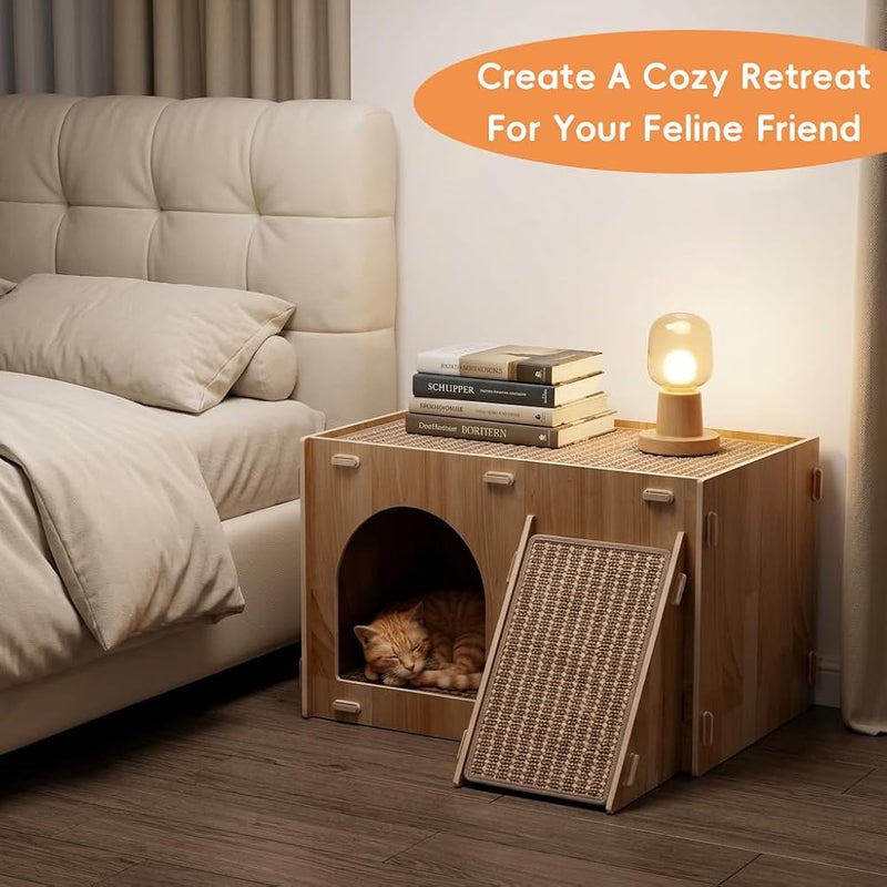 HASTHIP Qpets® Wooden Cat House with Scratching Ramp, Multi-Functional Cat Hideaway Bed with Sisal Scratch Surfaces, Indoor Cat Condo Furniture with Climbing Ramp & Scratch Board, Cozy Cat Shelter Play House - Image 5