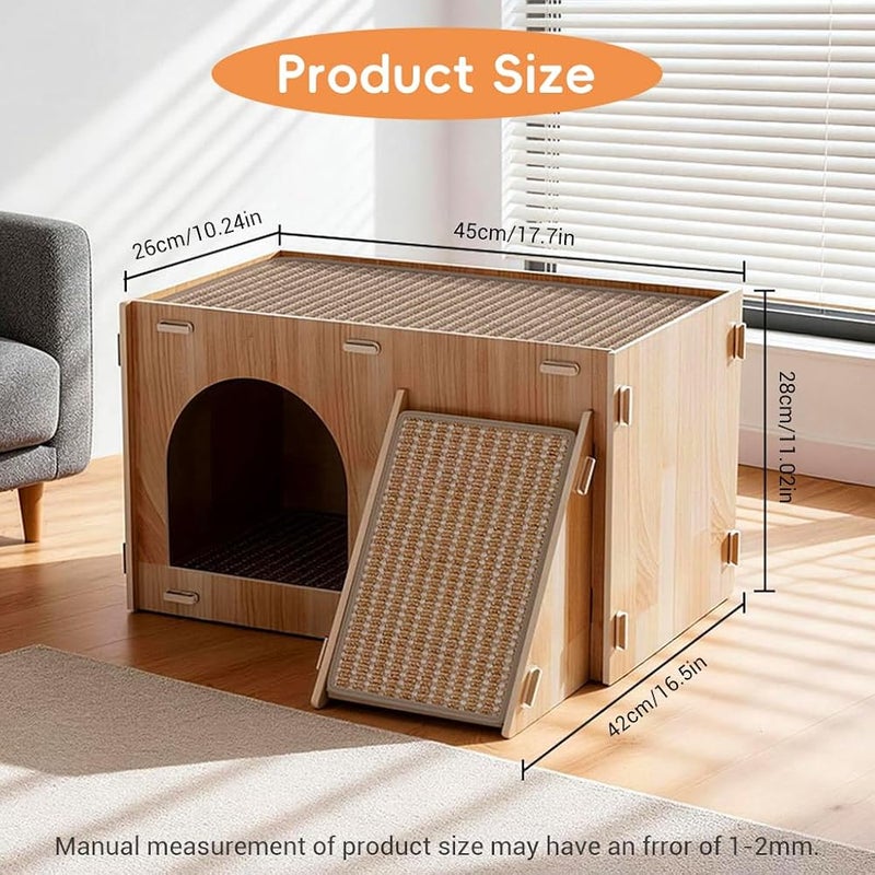 HASTHIP Qpets® Wooden Cat House with Scratching Ramp, Multi-Functional Cat Hideaway Bed with Sisal Scratch Surfaces, Indoor Cat Condo Furniture with Climbing Ramp & Scratch Board, Cozy Cat Shelter Play House - Image 2