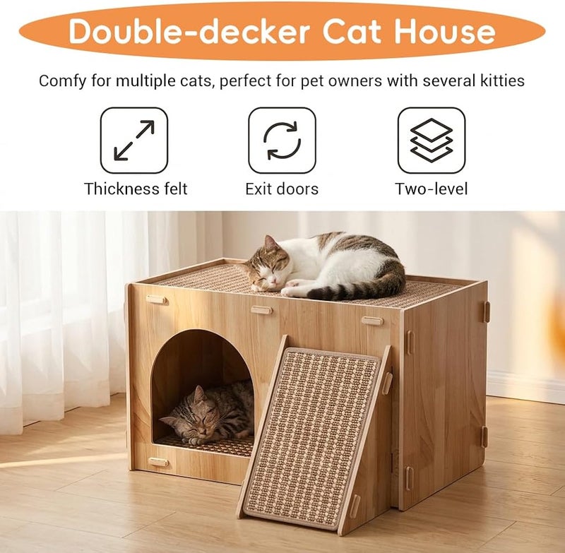 HASTHIP Qpets® Wooden Cat House with Scratching Ramp, Multi-Functional Cat Hideaway Bed with Sisal Scratch Surfaces, Indoor Cat Condo Furniture with Climbing Ramp & Scratch Board, Cozy Cat Shelter Play House - Image 3