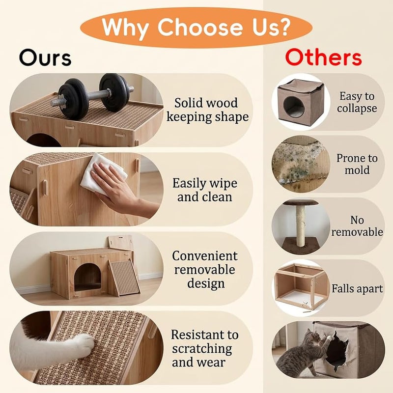 HASTHIP Qpets® Wooden Cat House with Scratching Ramp, Multi-Functional Cat Hideaway Bed with Sisal Scratch Surfaces, Indoor Cat Condo Furniture with Climbing Ramp & Scratch Board, Cozy Cat Shelter Play House - Image 4
