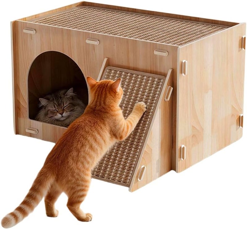 HASTHIP Qpets® Wooden Cat House with Scratching Ramp, Multi-Functional Cat Hideaway Bed with Sisal Scratch Surfaces, Indoor Cat Condo Furniture with Climbing Ramp & Scratch Board, Cozy Cat Shelter Play House - Image 1