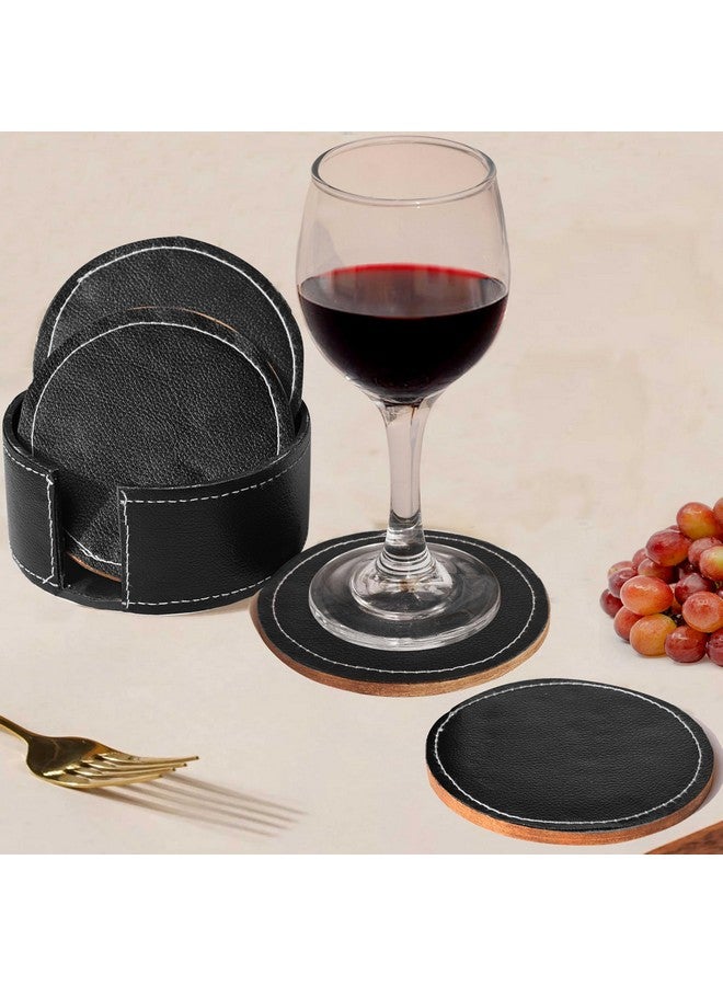 Pure Source India Leather Tea Coasters Set of 4 Round with Stand || Coasters for Cups, Coffee Mugs, Dining Table. Coffee Table for Home or Office Use (Brown) - Image 3