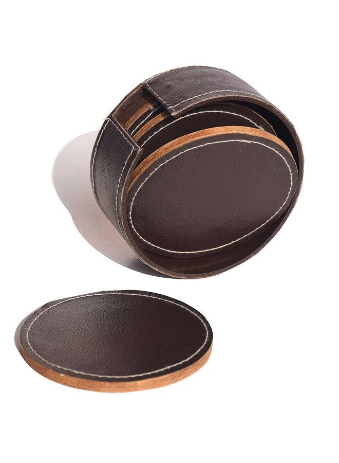 Pure Source India Leather Tea Coasters Set of 4 Round with Stand || Coasters for Cups, Coffee Mugs, Dining Table. Coffee Table for Home or Office Use (Brown) - Image 1