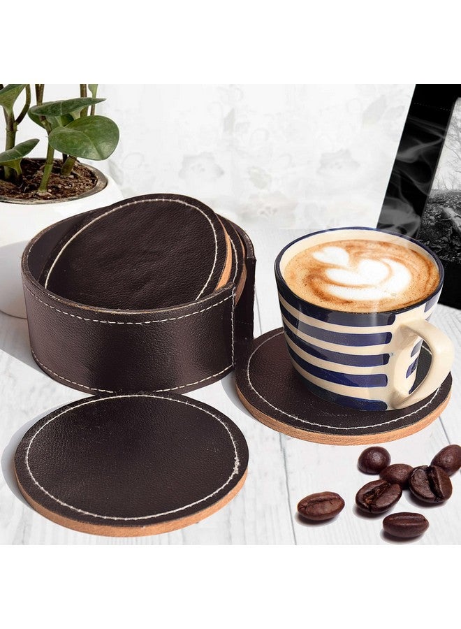 Pure Source India Leather Tea Coasters Set of 4 Round with Stand || Coasters for Cups, Coffee Mugs, Dining Table. Coffee Table for Home or Office Use (Brown) - Image 2