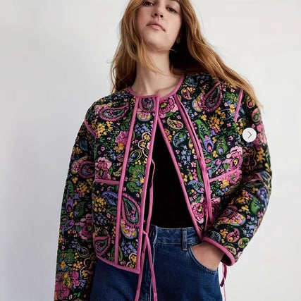 Printed Lace-up cotton-padded jacket European and American Cross-border Purple Lace-up Floral Printed Warm All-match Comfortable Casual Cotton-padded Jacket Color