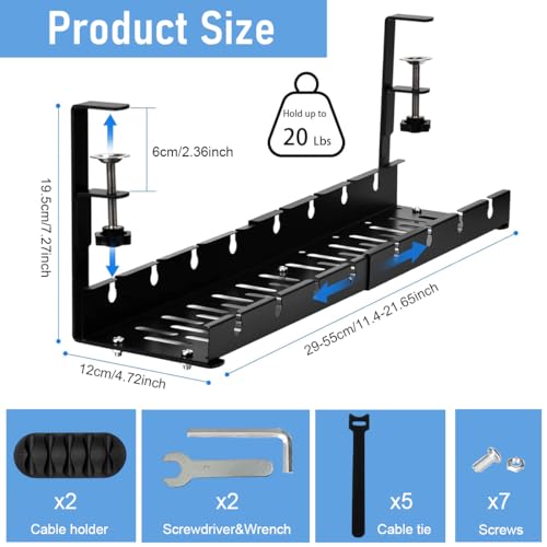 OFIFO® Under Desk Cable Organizer Cable Organizer Rack, Retractable 28.5-55 cm Adjustable Metal Tray, Adjustable Under Desk Cable Organizer Holder for Power Extention, Power Cord, Network Cable - Image 2