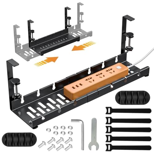 OFIFO® Under Desk Cable Organizer Cable Organizer Rack, Retractable 28.5-55 cm Adjustable Metal Tray, Adjustable Under Desk Cable Organizer Holder for Power Extention, Power Cord, Network Cable - Image 1