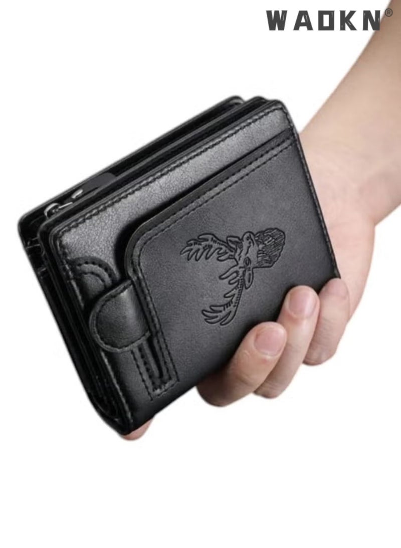 WAOKN New Vintage Style Men Wallet, 2-Fold Large Capacity Card   Wallet，Deer Head Design, Multifunctional Zipper Wallet, Multiple Card Slots, Multi-function Card Holder for Youth Students, Great Gift for Men - Image 1