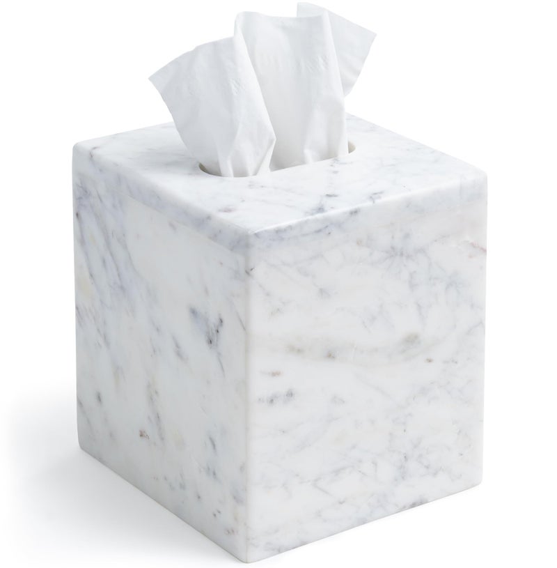 Cork & Mill Marble Tissue Box Cover for Kleenex and More, Decorative Cube Style Holder, Large Square Facial Tissue Dispenser Container for Home, Real Solid White Marble Bathroom Accessory - Image 1
