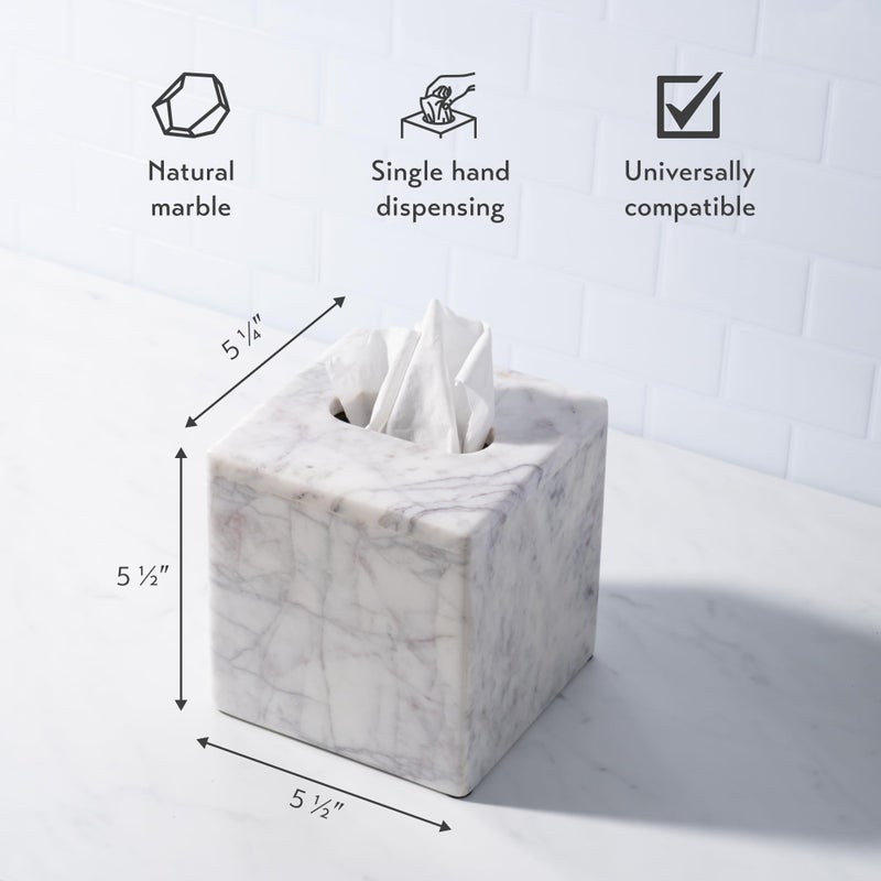 Cork & Mill Marble Tissue Box Cover for Kleenex and More, Decorative Cube Style Holder, Large Square Facial Tissue Dispenser Container for Home, Real Solid White Marble Bathroom Accessory - Image 2