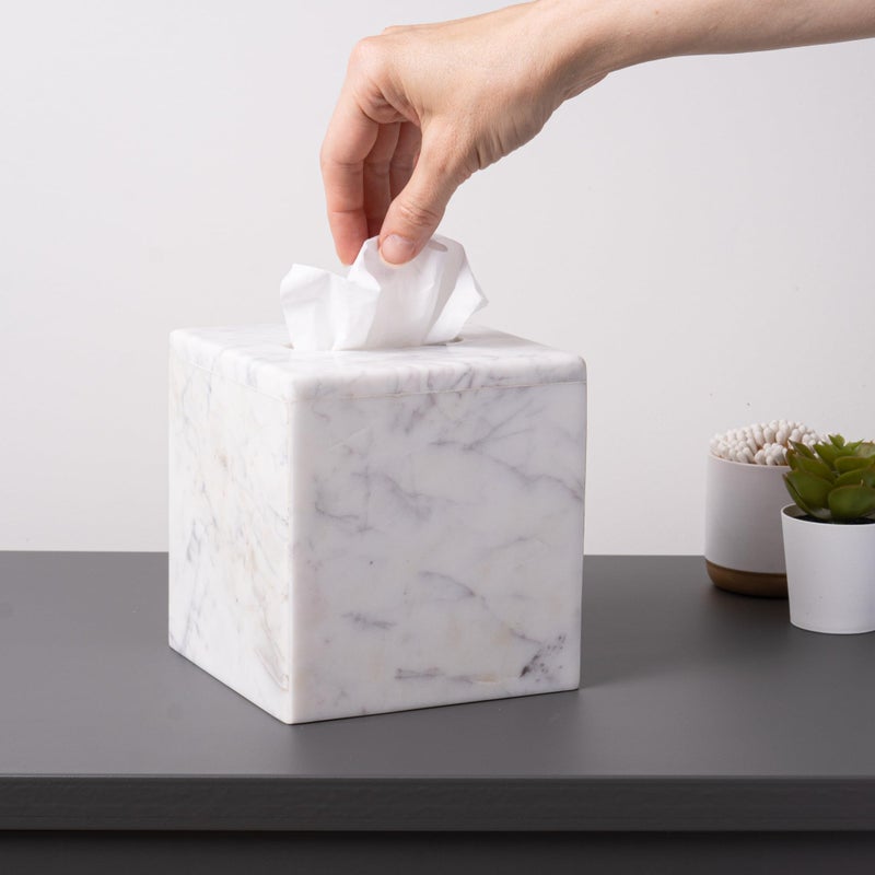 Cork & Mill Marble Tissue Box Cover for Kleenex and More, Decorative Cube Style Holder, Large Square Facial Tissue Dispenser Container for Home, Real Solid White Marble Bathroom Accessory - Image 4