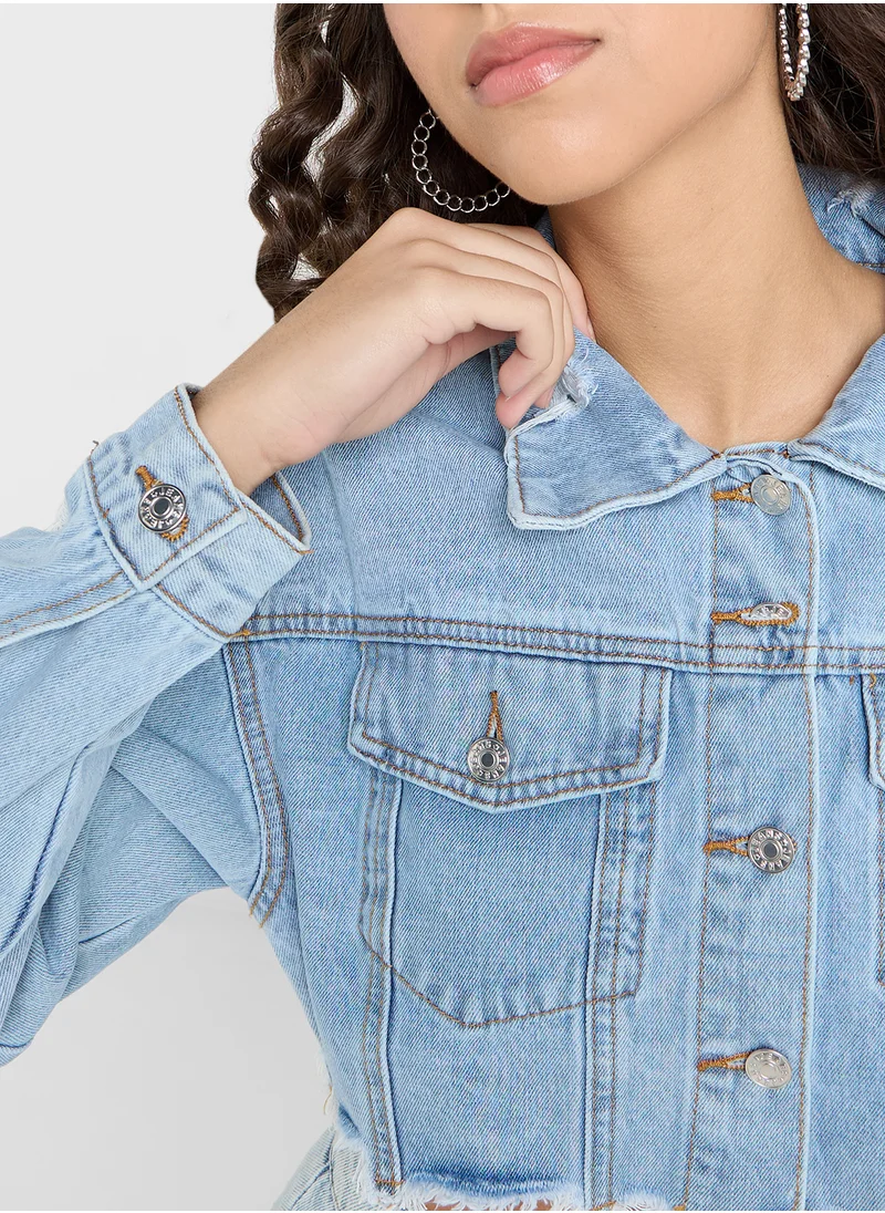 جينجر Cropped Distressed Denim Jacket With Frayed Hem