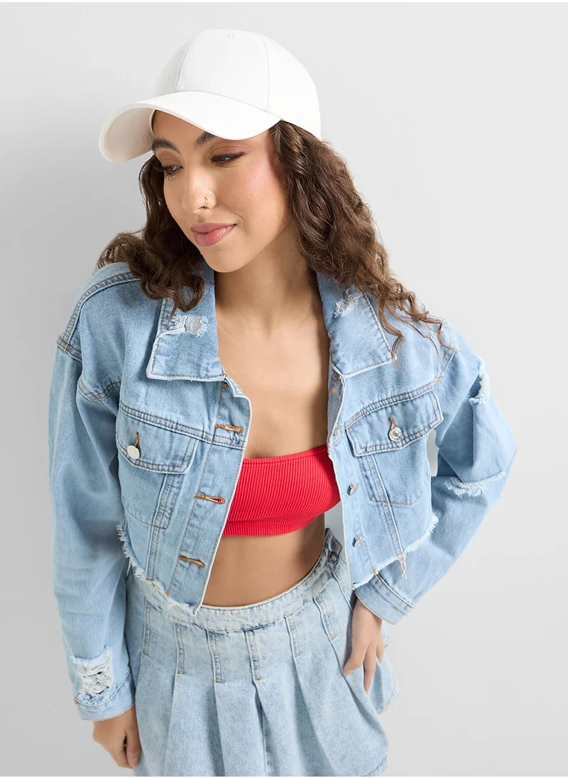 Ginger Cropped Distressed Denim Jacket With Frayed Hem