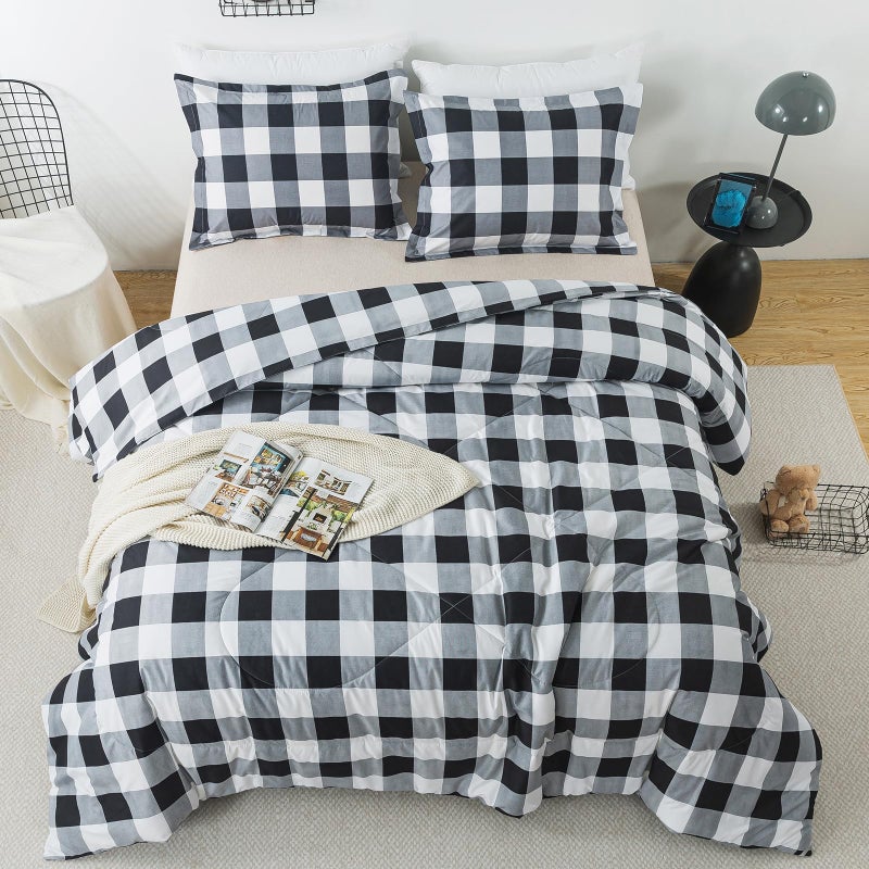 Caressma Black White Comforter Set Twin Size, Buffalo Plaid Comforter Bedding Set, Stylish Geometric Plaid Fluffy Home Decor for All Seasons - Image 1